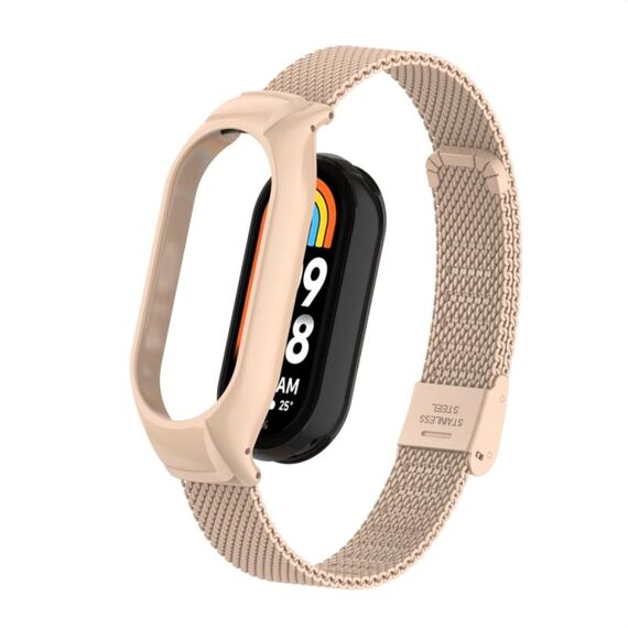 Per Xiaomi Mi Band 8 Custodia in metallo integrata + cinturino con fibbia in maglia d'acciaio (colore tè al latte)