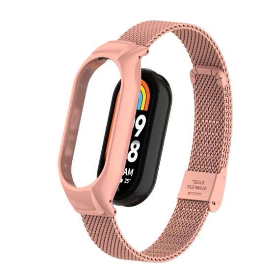 Custodia in metallo integrata per Xiaomi Mi Band 8 + cinturino con fibbia in maglia d'acciaio (rosa brillante)