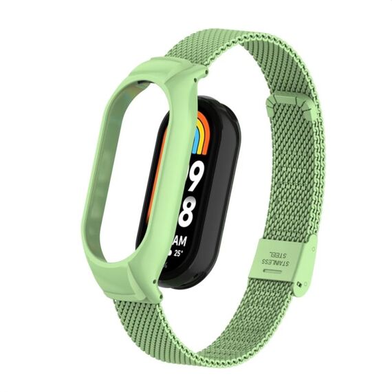 Custodia in metallo integrata per Xiaomi Mi Band 8 + cinturino con fibbia in maglia d'acciaio (verde Matcha)