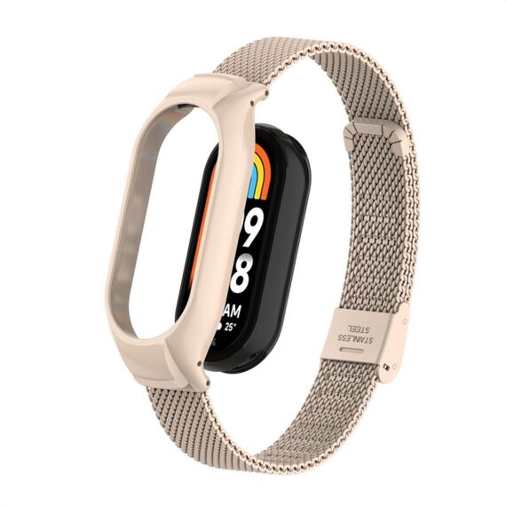 Custodia in metallo integrata per Xiaomi Mi Band 8 + cinturino con fibbia in maglia d'acciaio (rosa loto)