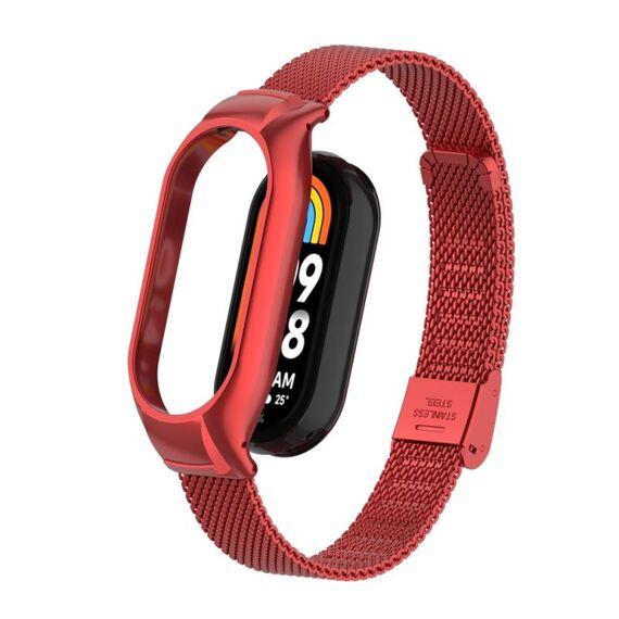 Custodia in metallo integrata per Xiaomi Mi Band 8 + cinturino con fibbia in maglia d'acciaio (rosso)