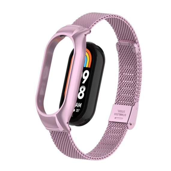 Custodia in metallo integrata per Xiaomi Mi Band 8 + cinturino con fibbia in maglia d'acciaio (rosa rosa)