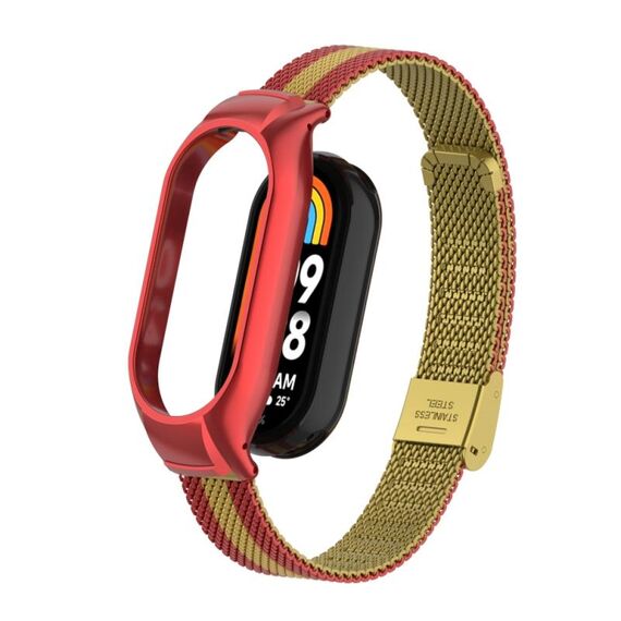 Custodia in metallo integrata per Xiaomi Mi Band 8 + cinturino con fibbia in maglia d'acciaio (rosso + oro)
