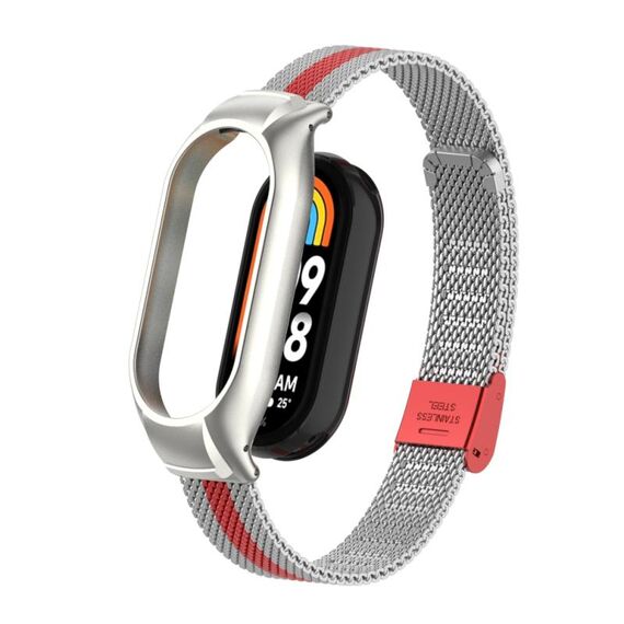 Per Xiaomi Mi Band 8 Custodia in metallo integrata + cinturino con fibbia in maglia d'acciaio (argento + rosso)