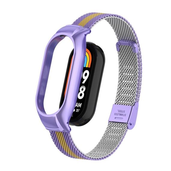 Custodia in metallo integrata per Xiaomi Mi Band 8 + cinturino con fibbia in maglia d'acciaio (viola + oro)