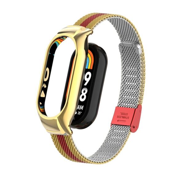 Custodia in metallo integrata per Xiaomi Mi Band 8 + cinturino con fibbia in maglia d'acciaio (oro + rosso)