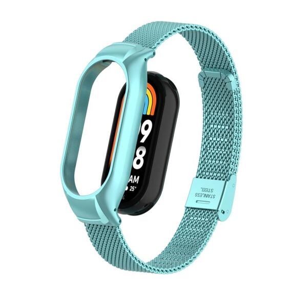 Custodia in metallo integrata per Xiaomi Mi Band 8 + cinturino con fibbia in maglia d'acciaio (blu nuvola)