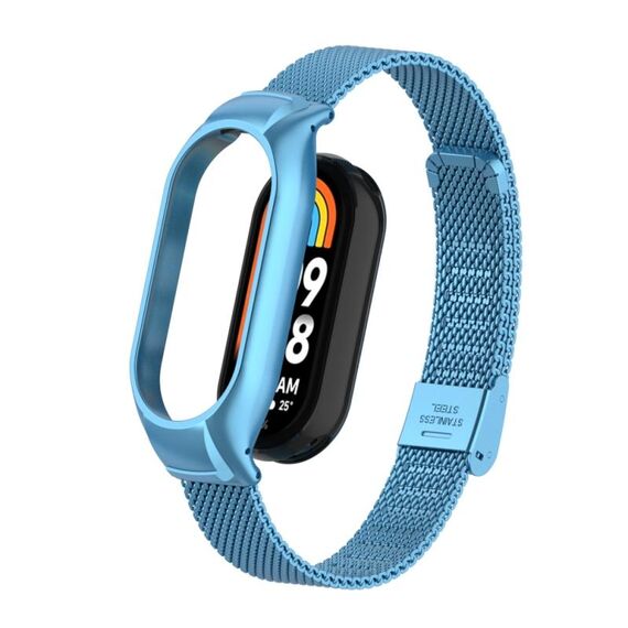 Custodia in metallo integrata per Xiaomi Mi Band 8 + cinturino con fibbia in maglia d'acciaio (blu cielo)