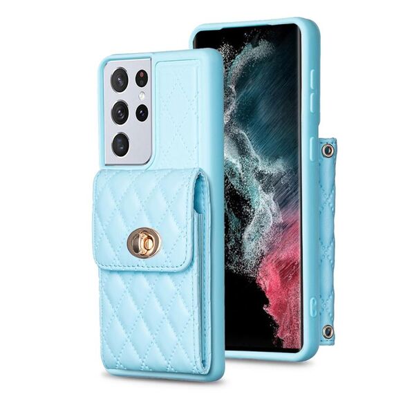 Per Samsung Galaxy S21 Ultra 5G Portafoglio con fibbia in metallo verticale Custodia in pelle romboidale (blu)