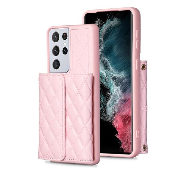 Per Samsung Galaxy S21 Ultra 5G Custodia a portafoglio orizzontale in pelle rombica (rosa)