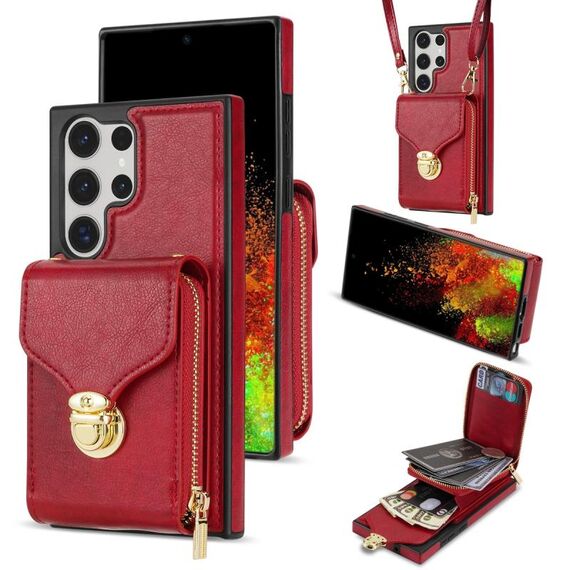 Per Samsung Galaxy S22 Ultra 5G Custodia a portafoglio per scheda hardware con cerniera (rosso)