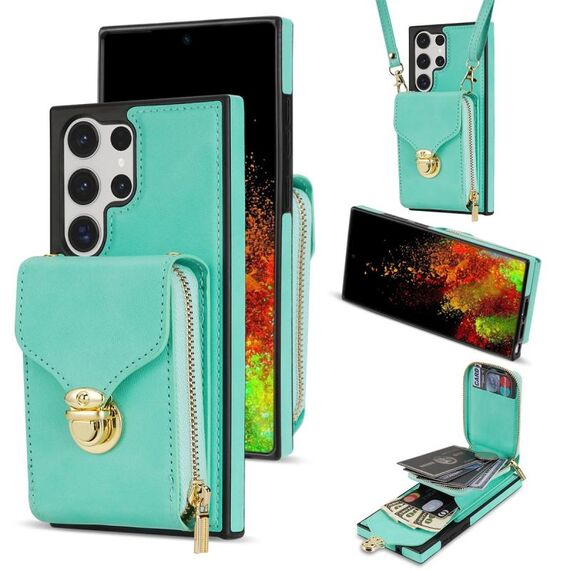 Per Samsung Galaxy S22 Ultra 5G Custodia a portafoglio per scheda hardware con cerniera (verde menta)