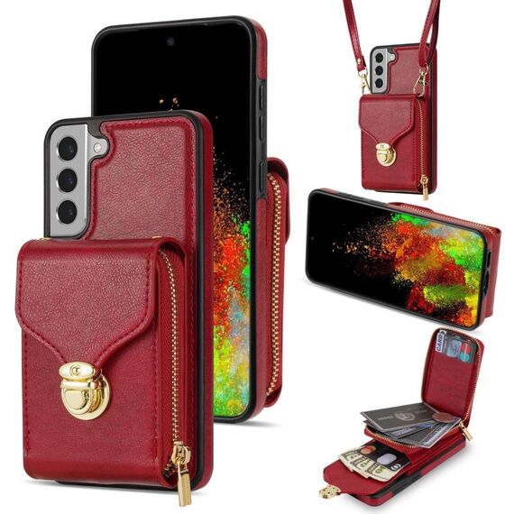 Per Samsung Galaxy S22+ 5G Custodia a portafoglio per scheda hardware con cerniera (rosso)
