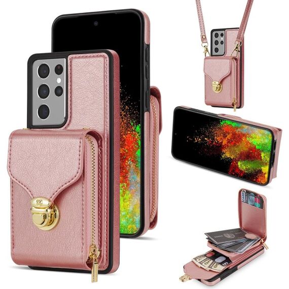 Per Samsung Galaxy S21 Ultra 5G Custodia a portafoglio per scheda hardware con cerniera (oro rosa)