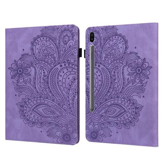 Per Samsung Galaxy Tab S6 T860 Custodia per tablet in pelle con motivo pavone in rilievo (viola)