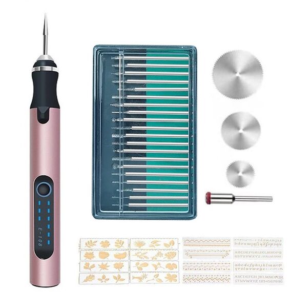 SNJ-3681 Mini penna per incisione Smerigliatrice elettrica per lucidatura senza fili, stile: oro rosa + testa di molatura + lama da taglio + stencil per intaglio