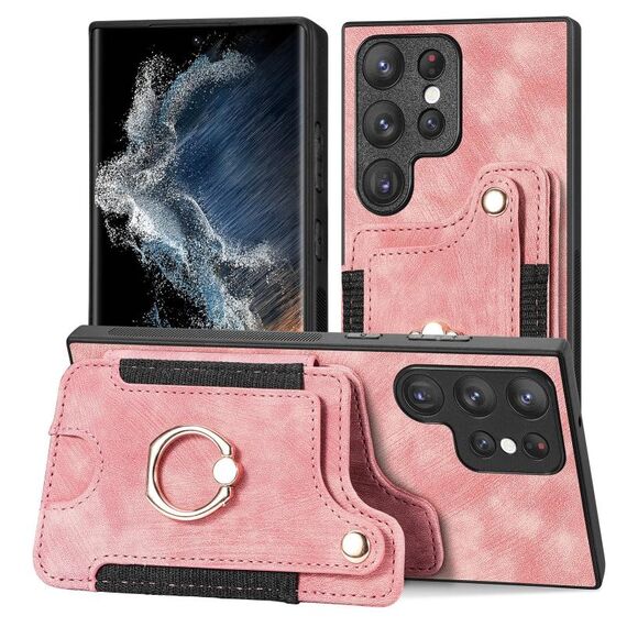 Per Samsung Galaxy S22 Ultra 5G Retro Skin-feel Ring Custodia a portafoglio multi-card (rosa)