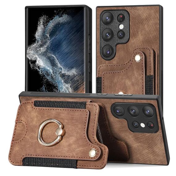Per Samsung Galaxy S22 Ultra 5G Custodia a portafoglio multi-scheda con anello retro skin-feel (marrone)