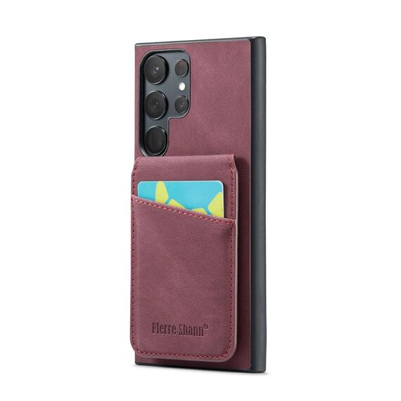 Per Samsung Galaxy S22 Ultra 5G Fierre Shann Portacarte Crazy Horse Cover posteriore Custodia per telefono in PU (Vino rosso)