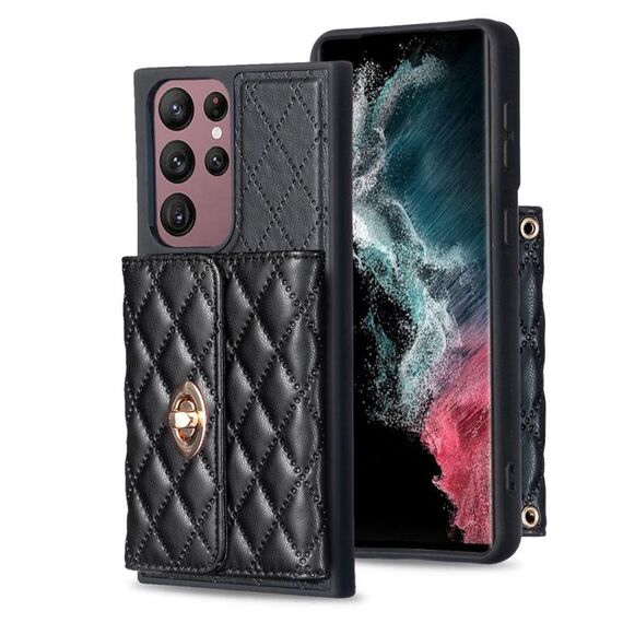 Per Samsung Galaxy S22 Ultra 5G Portafoglio con fibbia in metallo orizzontale Custodia in pelle romboidale (nero)