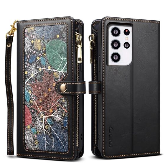 Per Samsung Galaxy S21 Ultra 5G ESEBLE Star Series Lanyard Zipper Wallet Custodia in pelle RFID (nero)
