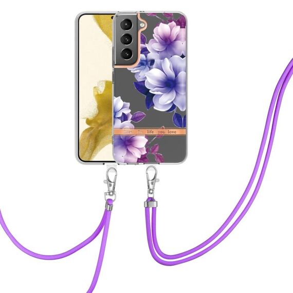 Per Samsung Galaxy S23 5G Custodia in TPU con fiori e piante serie IMD con cordino (begonia viola)
