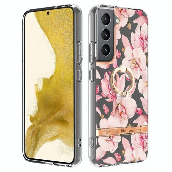 Per Samsung Galaxy S23 5G Custodia per telefono in TPU con fiori e piante serie IMD con supporto ad anello (Rosa Gardenia)