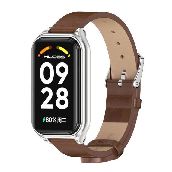 Cinturino per orologio in pelle PU in microfibra con guscio metallico Mijobs per Redmi Band 2 (marrone argento)