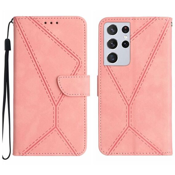Per Samsung Galaxy S21 Ultra 5G Custodia in pelle goffrata con cuciture (rosa)