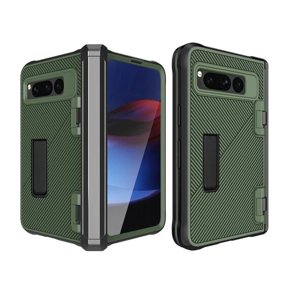Custodia per telefono antiurto integrata per Google Pixel Fold Twill Texture con supporto (verde)