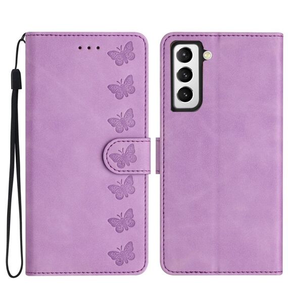 Per Samsung Galaxy S22+ 5G Custodia in pelle goffrata con sette farfalle (viola)