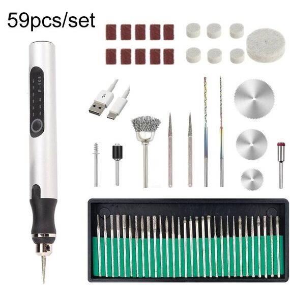 E108 59 pz/set mini penna per trapano elettrico ricaricabile USB portatile senza fili (argento)