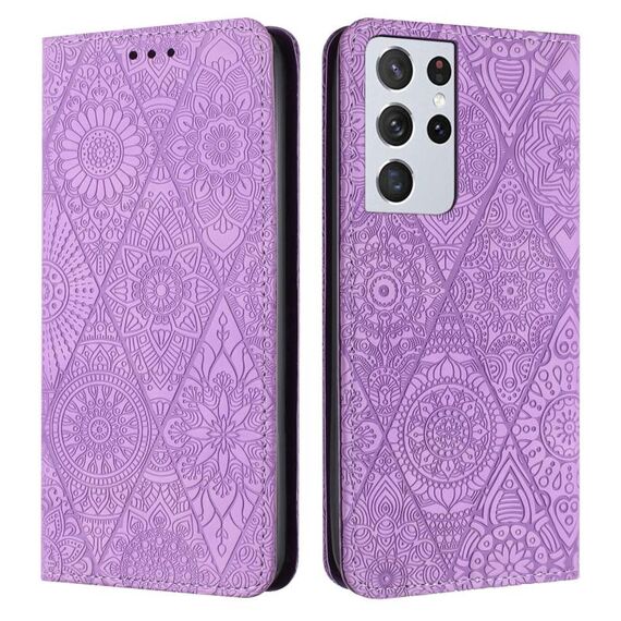 Per Samsung Galaxy S21 Ultra 5G custodia in pelle ad adsorbimento goffrata etnica (viola)
