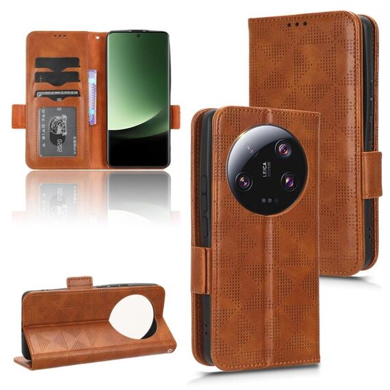 Custodia per telefono in pelle con motivo a triangolo ultra simmetrico per Xiaomi 13 (marrone)