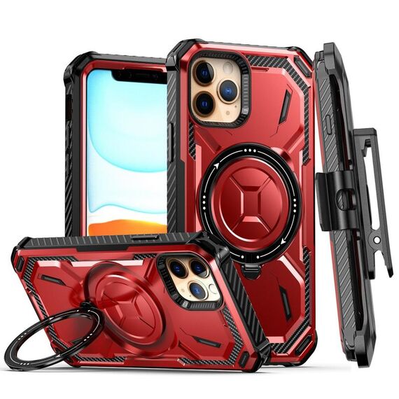Custodia per telefono con supporto magnetico MagSafe per iPhone 12 Armor Series con clip posteriore (rosso)