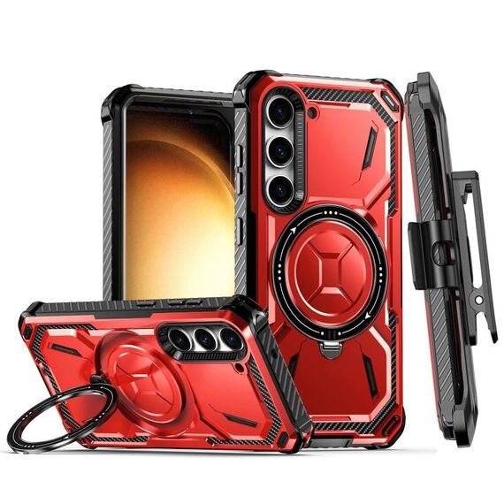 Custodia per telefono con supporto magnetico MagSafe per Samsung Galaxy S23 5G Armor Series con clip posteriore (rosso)