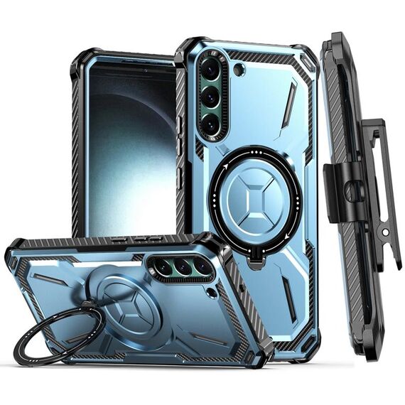 Custodia per telefono con supporto magnetico MagSafe per Samsung Galaxy S22 5G Armor Series con clip posteriore (blu)