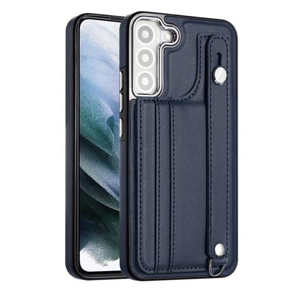 Custodia per telefono in pelle antiurto per Samsung Galaxy S23+ con cinturino da polso (blu)