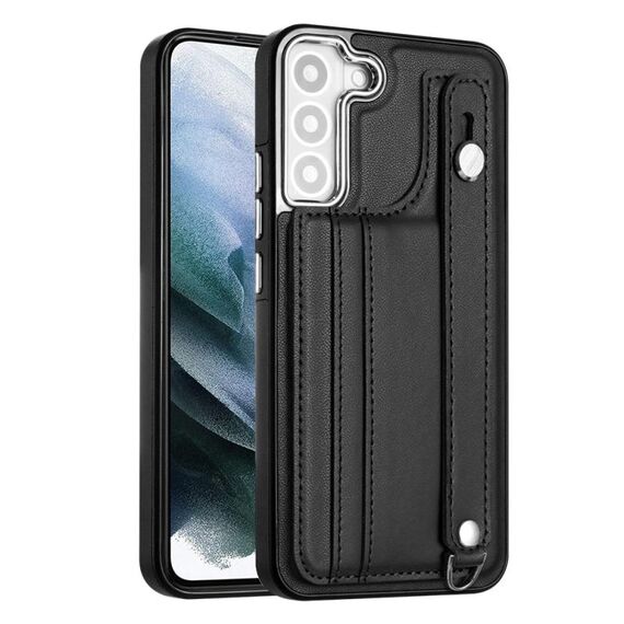 Custodia per telefono in pelle antiurto per Samsung Galaxy S22 + 5G con cinturino da polso (nero)