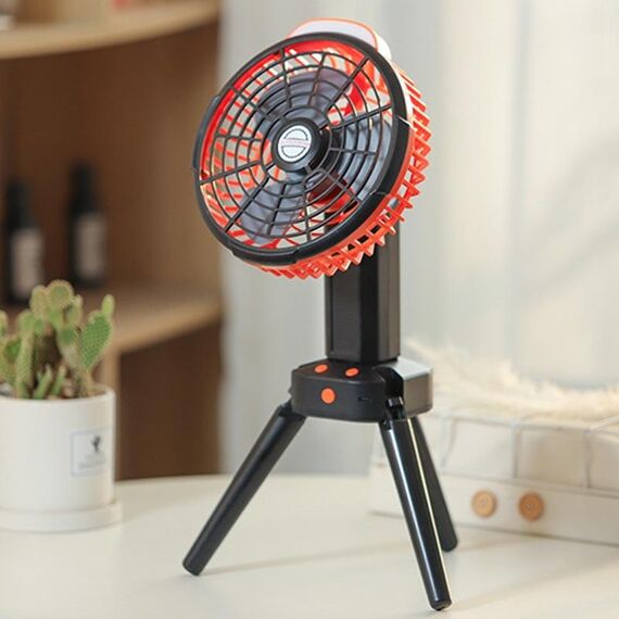 Ventola di ricarica USB da campeggio all'aperto Ventilatore a testa oscillante con luce a LED per treppiede (nero arancione)