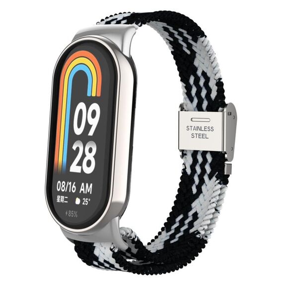 Per Xiaomi Mi Band 8 Metal Head + cinturino regolabile in nylon intrecciato con fibbia in acciaio (nero bianco)