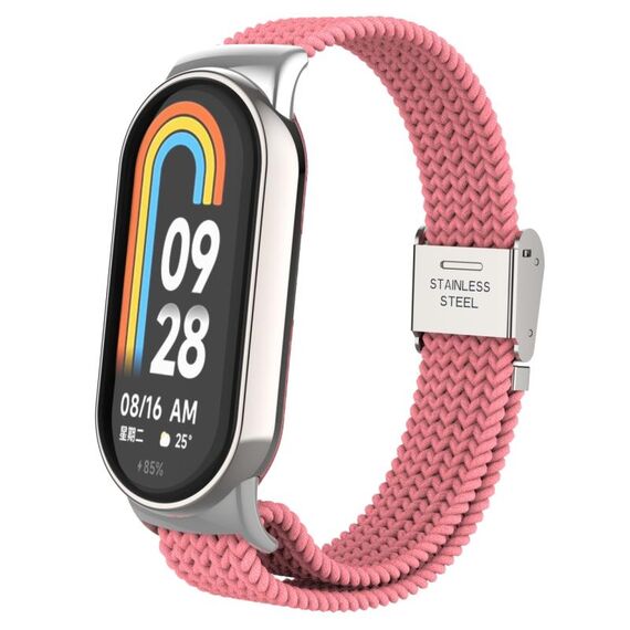 Per Xiaomi Mi Band 8 Metal Head + cinturino regolabile in nylon intrecciato con fibbia in acciaio (rosa)