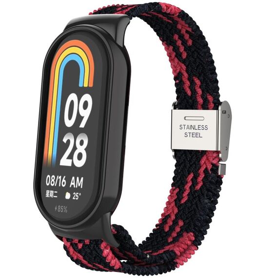 Per Xiaomi Mi Band 8 Metal Head + cinturino regolabile in nylon intrecciato con fibbia in acciaio (nero rosso)