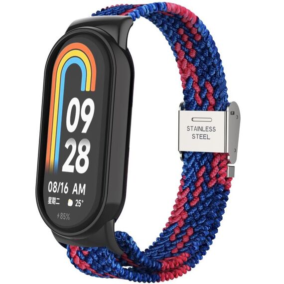 Per Xiaomi Mi Band 8 Metal Head + cinturino regolabile in nylon intrecciato con fibbia in acciaio (blu rosso)