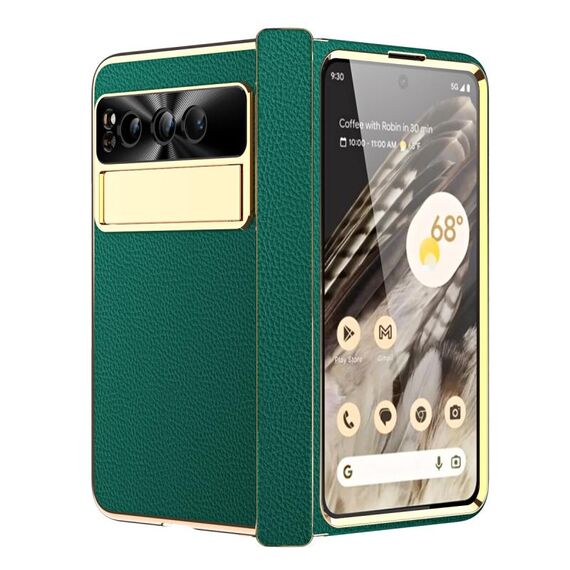 Per Google Pixel Fold Custodia per telefono pieghevole galvanica modello Litchi con cerniera (verde)