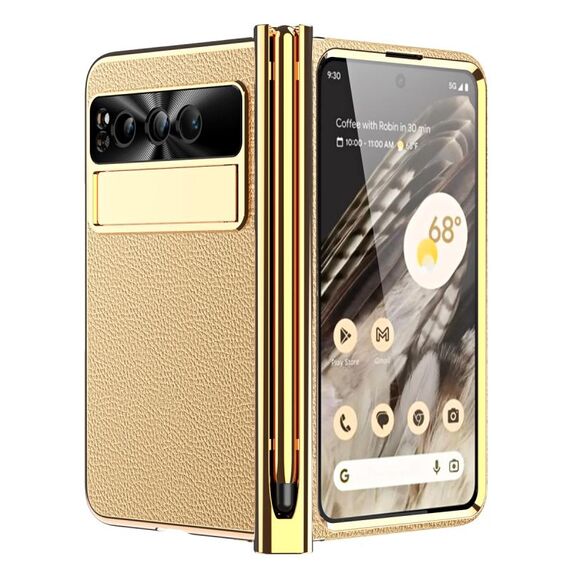 Per Google Pixel Fold Custodia per telefono pieghevole con motivo litchi galvanico per penna con stilo (oro)