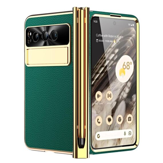 Per Google Pixel Fold Litchi Pattern Custodia per telefono pieghevole con slot per penna galvanica con stilo (verde)