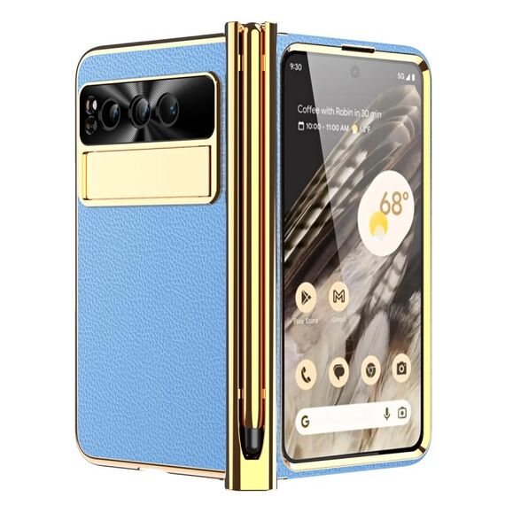 Per Google Pixel Fold Custodia per telefono pieghevole con motivo litchi galvanico per penna con stilo (blu)