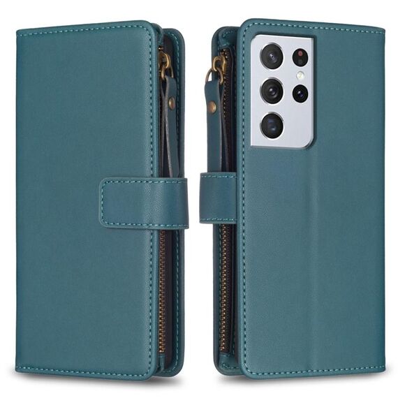 Per Samsung Galaxy S21 Ultra 5G 9 slot per schede Portafoglio con cerniera Custodia in pelle per telefono a conchiglia (verde)
