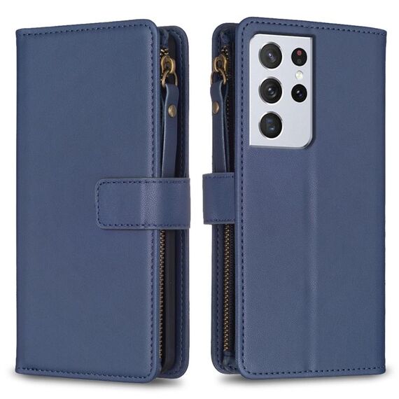 Per Samsung Galaxy S21 Ultra 5G 9 slot per schede con cerniera portafoglio in pelle flip custodia per telefono (blu)